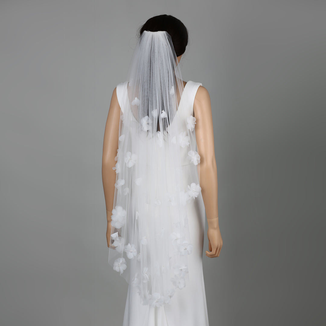 Side view of FS6234 showcasing scalloped lace edges and elegant flow.