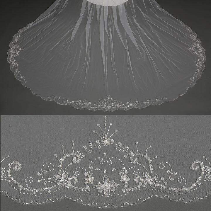 FS6252A Scalloped Floral Motifs Crystal Beaded Edge Veil 120"