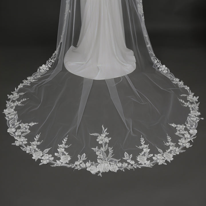 Floral Lace Wedding Veil with Sequins, Fine Illusion Tulle, Cathedral Length FS6277