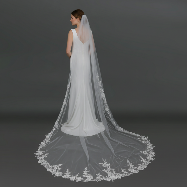 Floral Lace Wedding Veil with Sequins, Fine Illusion Tulle, Cathedral Length FS6277