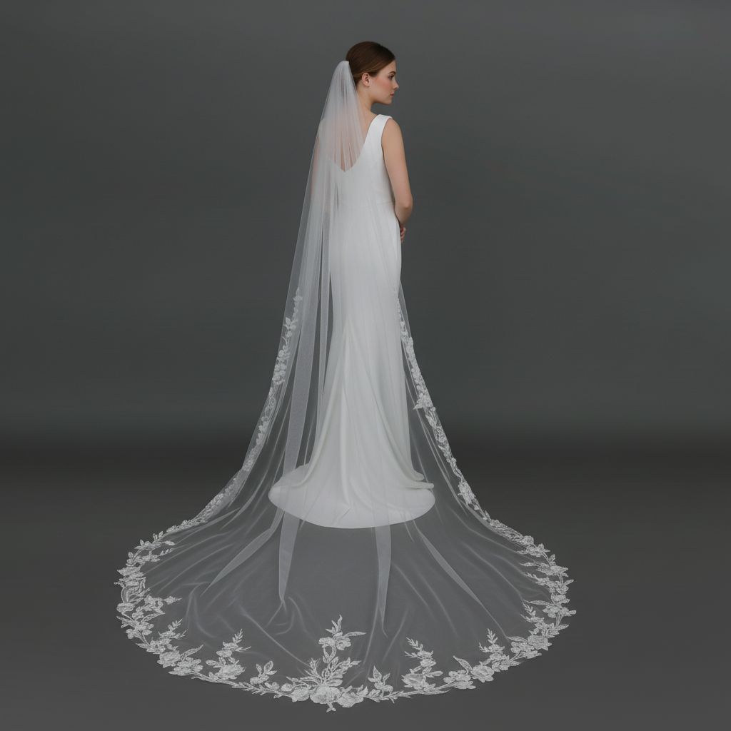 Floral Lace Wedding Veil with Sequins, Fine Illusion Tulle, Cathedral Length FS6277