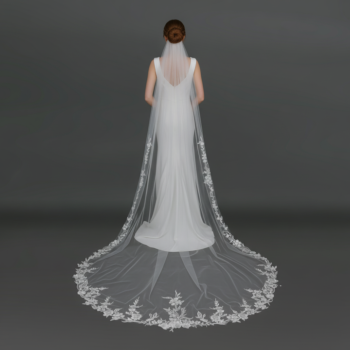 Floral Lace Wedding Veil with Sequins, Fine Illusion Tulle, Cathedral Length FS6277