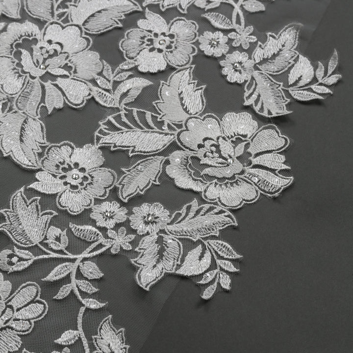 Detail of FS6289 floral lace veil with bead and sequin embellishments.