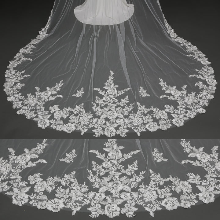 FS6289 Floral Vine Embroidered Lace Veil Rhinestones 120"