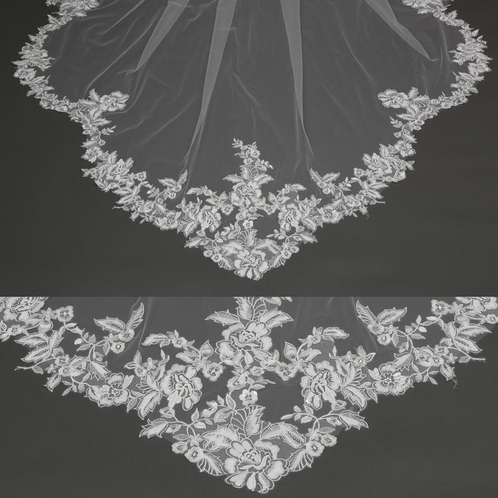 Scalloped Floral Bridal Veil with Rhinestones, Fine Illusion Tulle, Cathedral Length FS6291