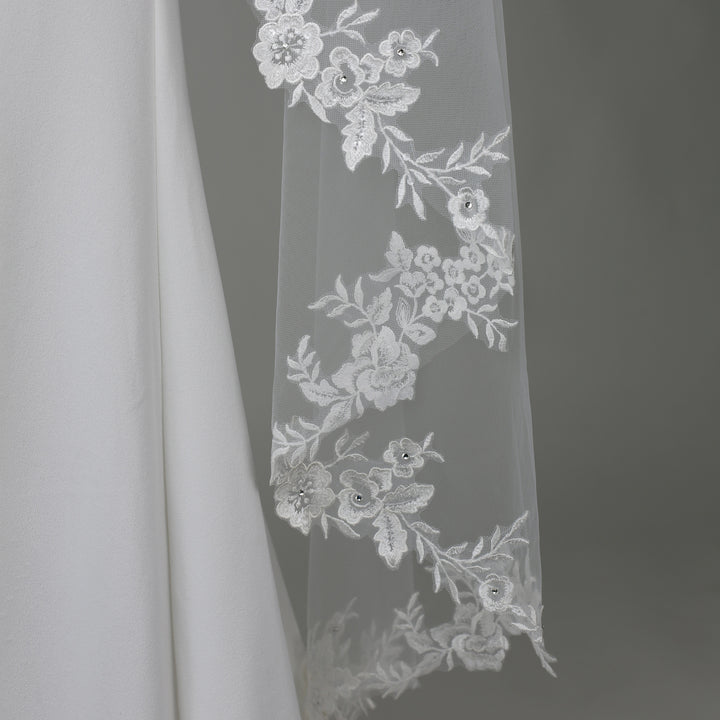 Detail of FS6305-M floral lace veil with bead and crystal embellishments.