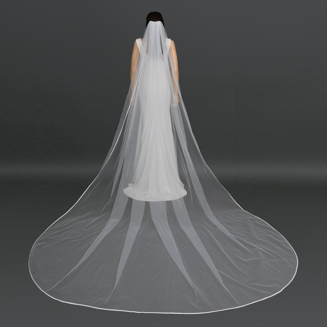 FS6323 chapel-length floral embroidered bridal veil, full view.