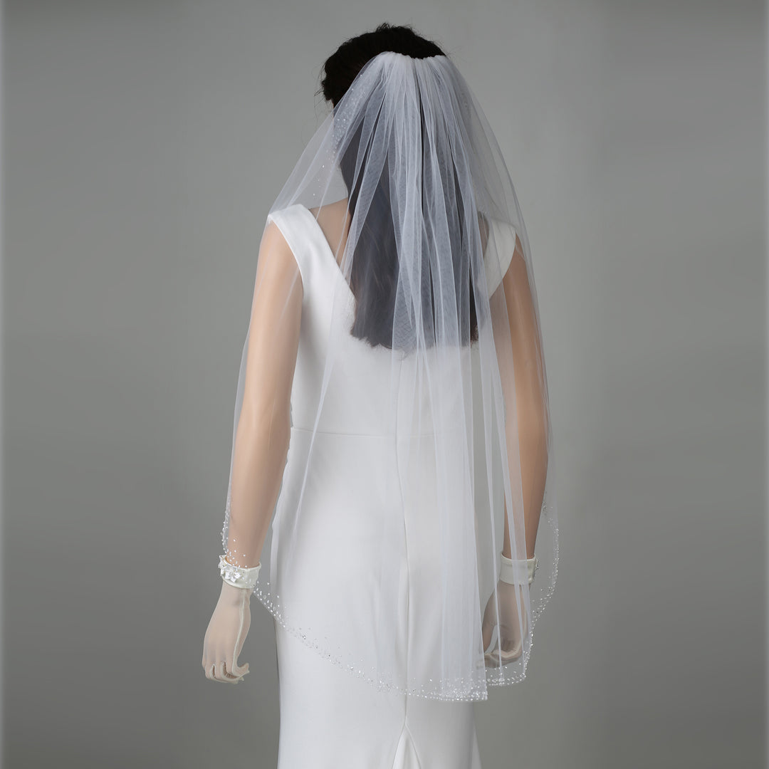 Detail of FS6330 lace veil with bead and pearl embellishments.