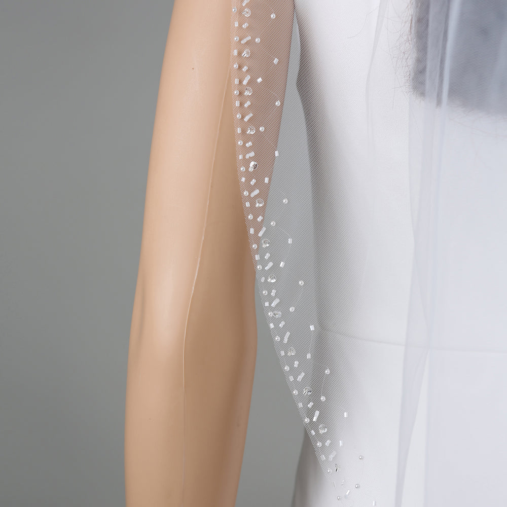 FS6330 cathedral-length bridal veil with intricate lace embroidery, full-length view.