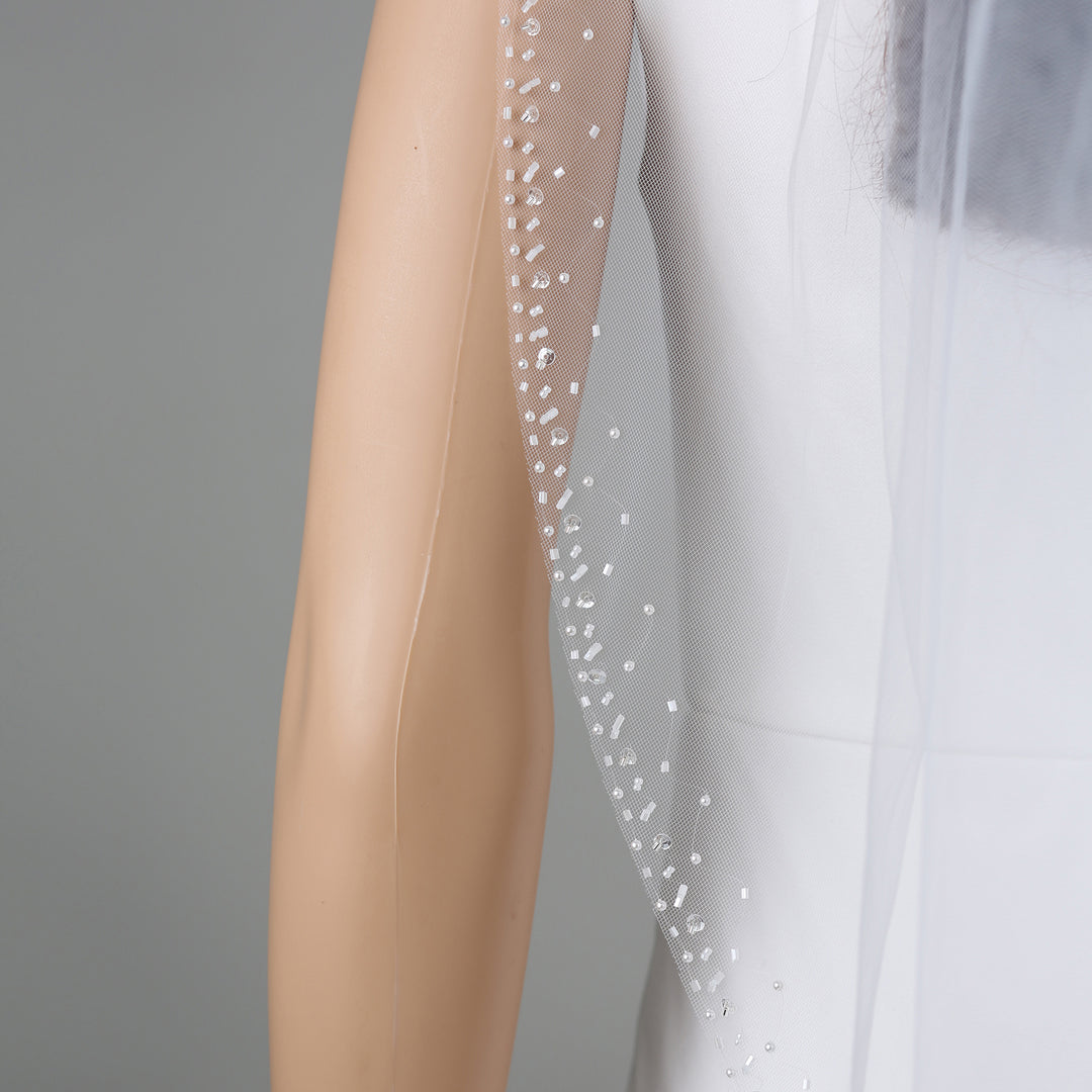 FS6330 cathedral-length bridal veil with intricate lace embroidery, full-length view.