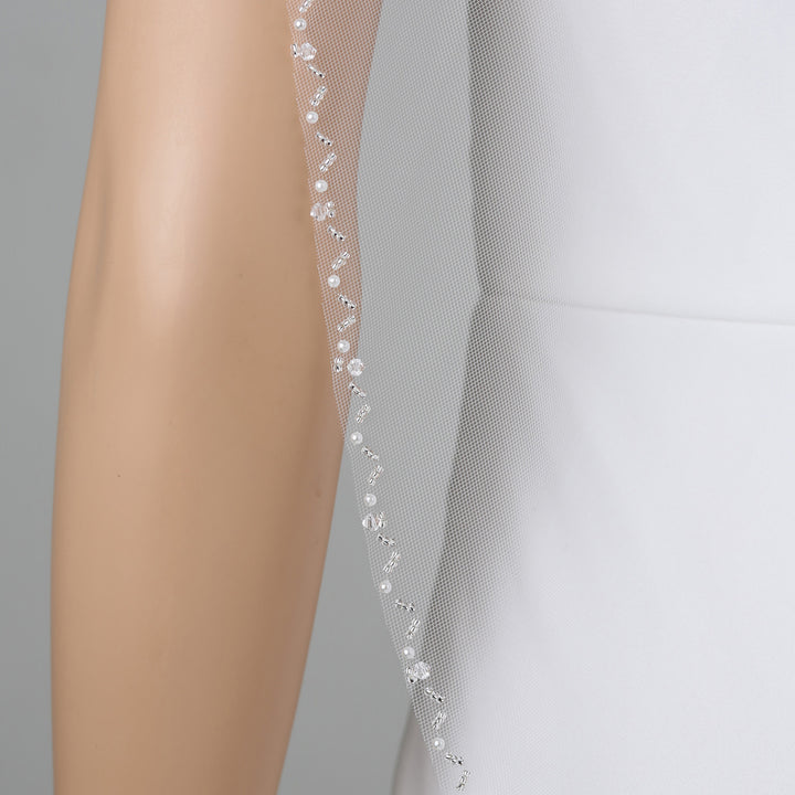 FS6331 mid-length floral lace bridal veil, full-length view.