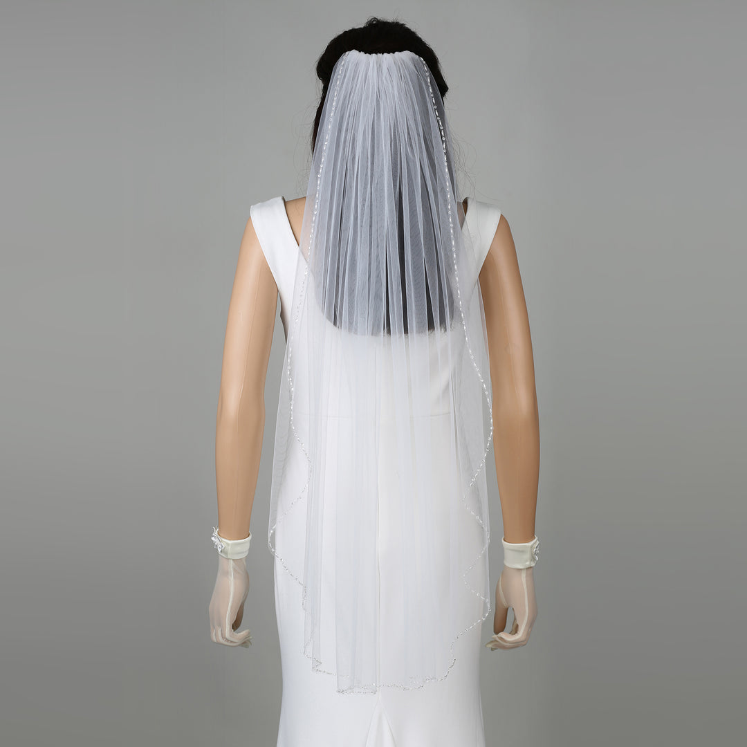 Side view of FS6335 veil showcasing scalloped edges and elegant drape.