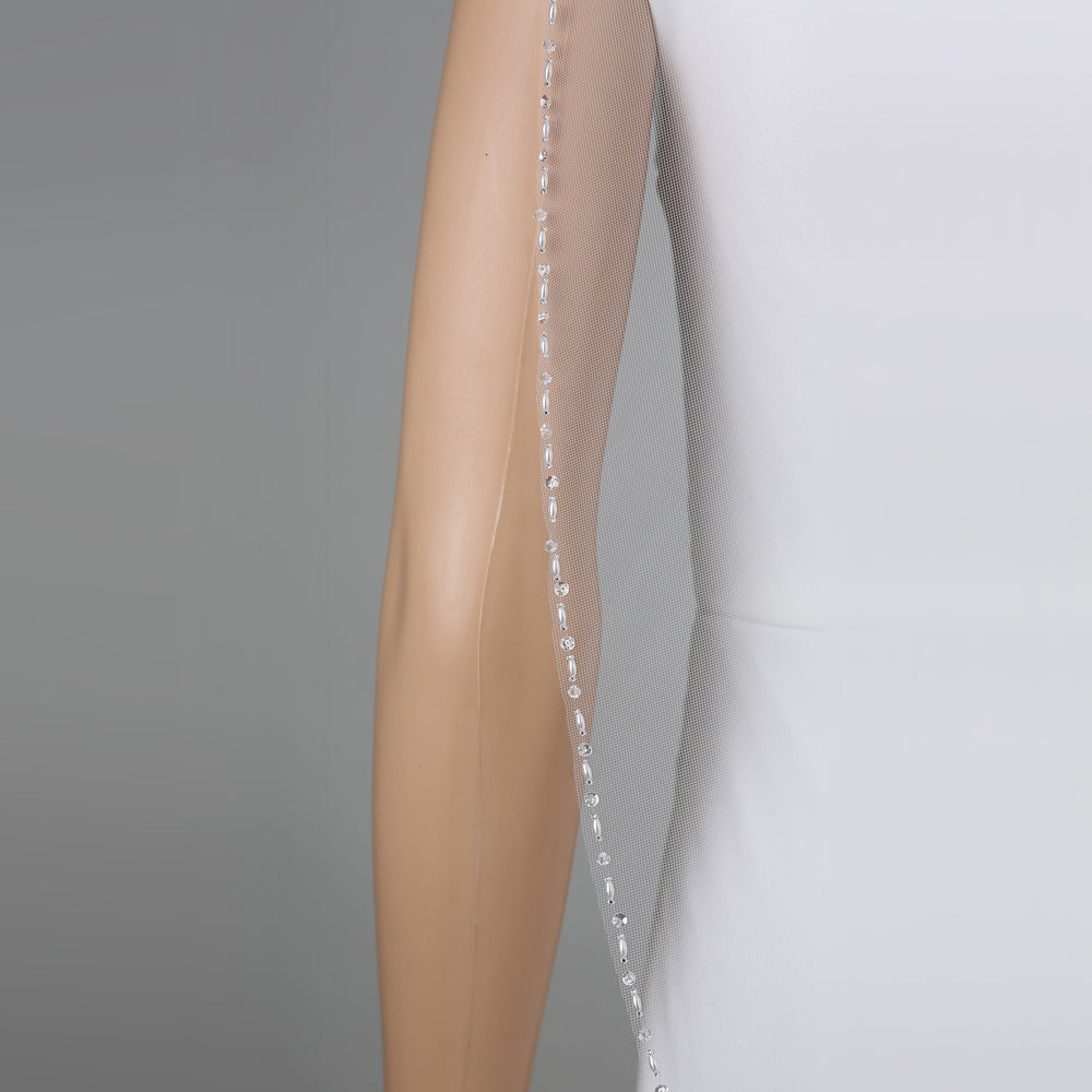 FS6335 mid-length bridal veil with floral lace embroidery, full-length view.