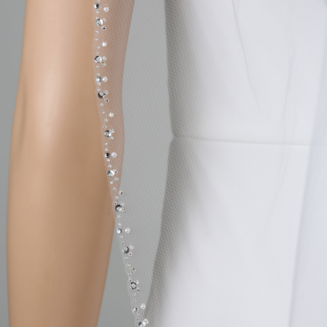 FS6336 fingertip-length floral embroidered lace bridal veil, full view.