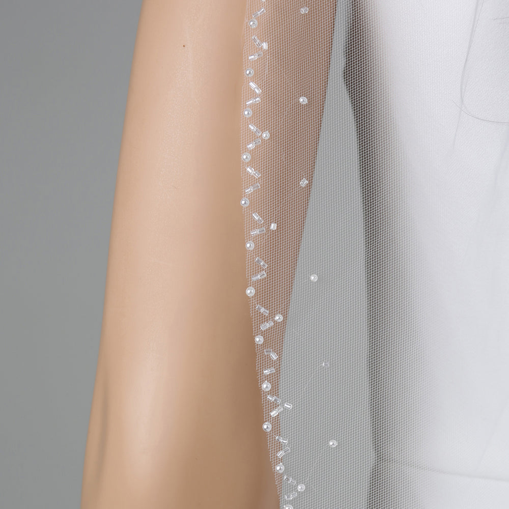 FS6337 chapel-length floral embroidered lace bridal veil, full view.