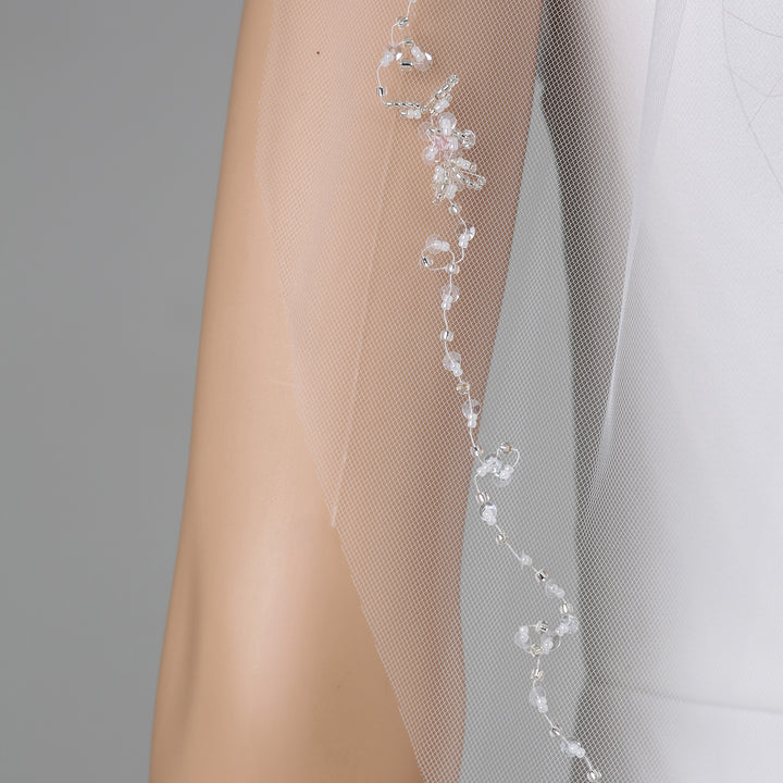 FS6341 mid-length bridal veil with floral lace embroidery, full view.