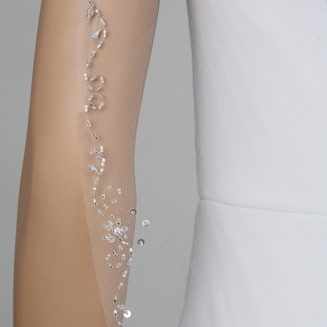 Detail of FS6342 lace veil with bead and sequin embellishments.