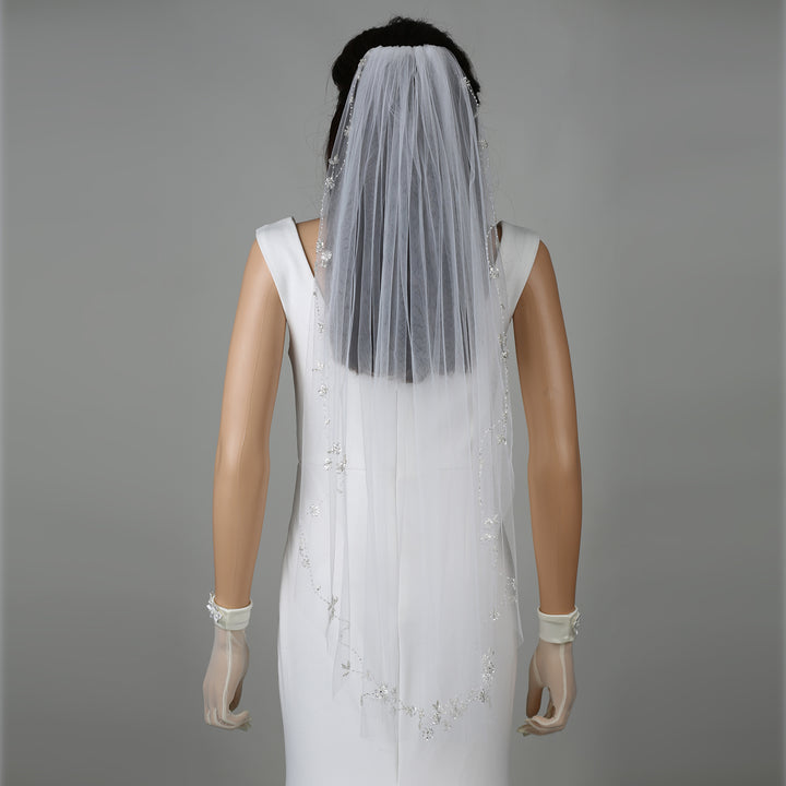 Side view of FS6345 veil showcasing scalloped edges and elegant drape.