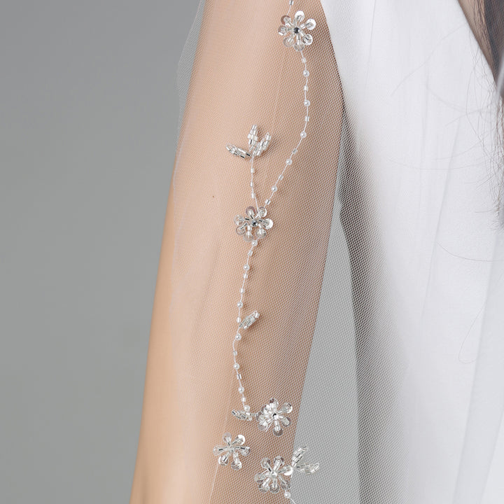 FS6345 mid-length bridal veil with floral lace embroidery, full-length view.