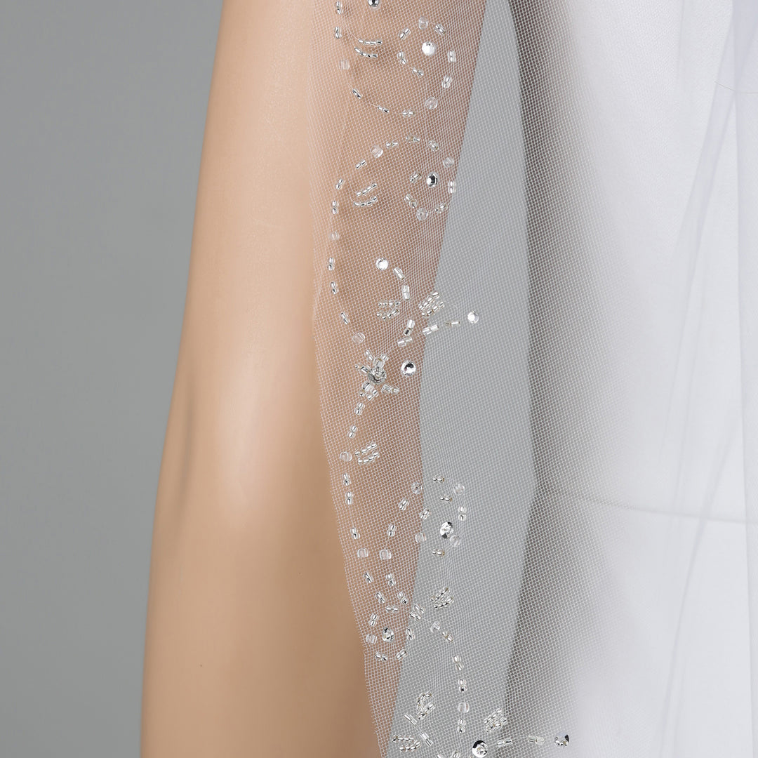 Detail of FS6346 lace veil with added crystal and bead embellishments.
