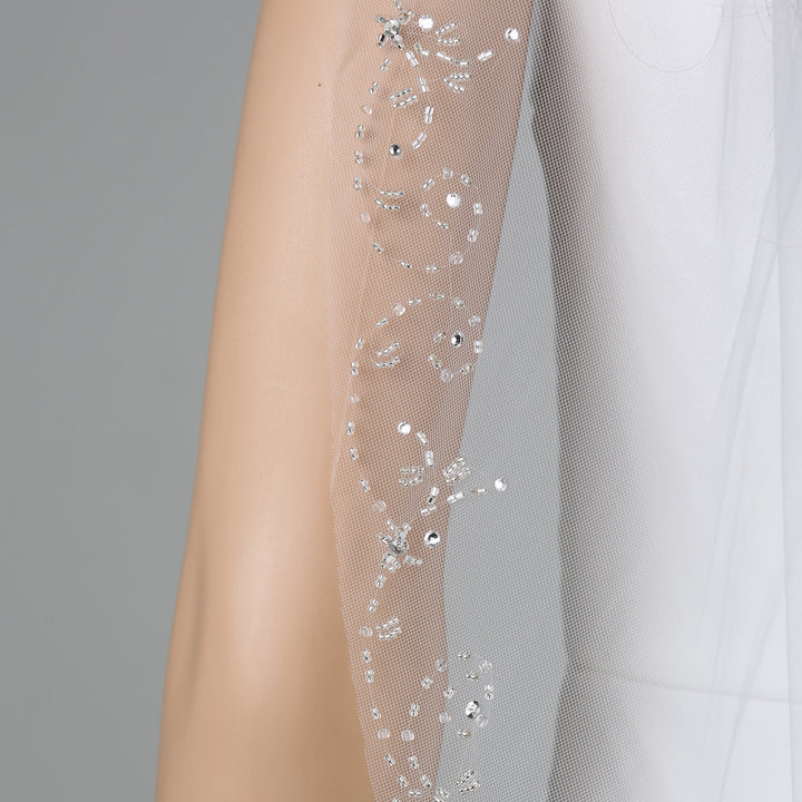 FS6346 fingertip-length floral embroidered lace bridal veil, full view.