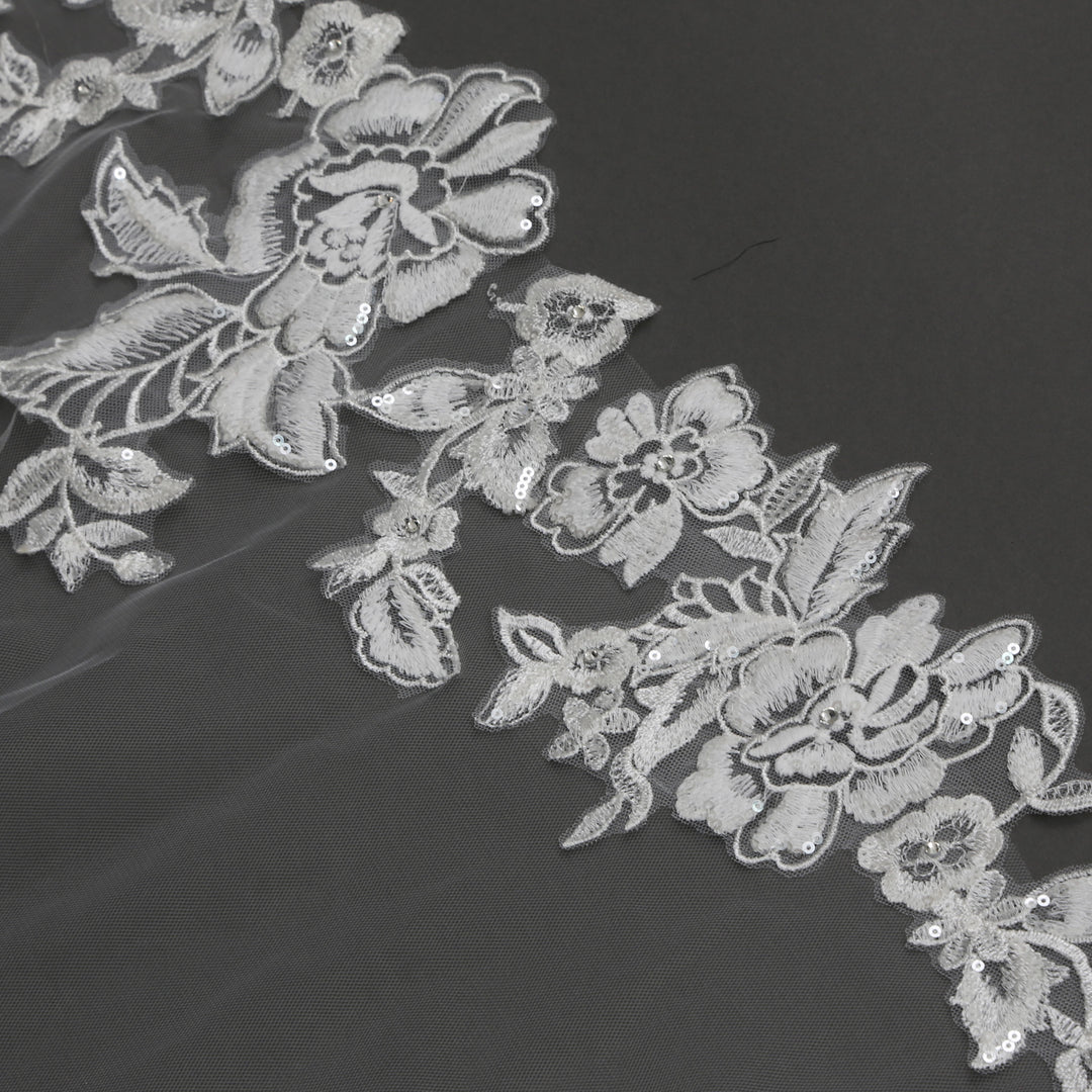 Floral Lace Wedding Veil with Rhinestones and Sequins, Fine Illusion Tulle, Cathedral Length