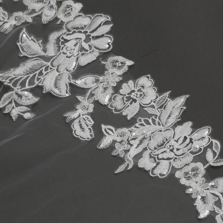 Floral Lace Wedding Veil with Rhinestones and Sequins, Fine Illusion Tulle, Cathedral Length
