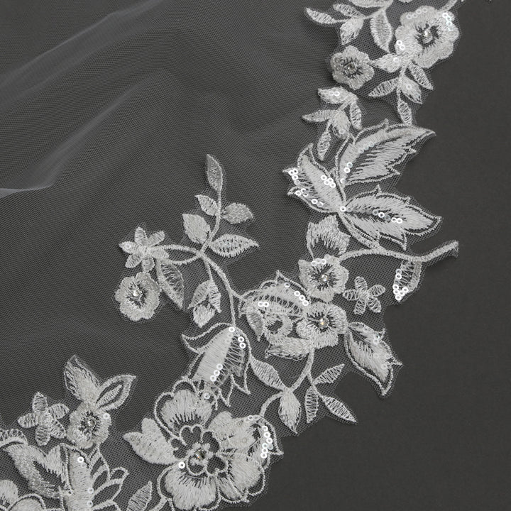 Floral Lace Wedding Veil with Rhinestones and Sequins, Fine Illusion Tulle, Cathedral Length