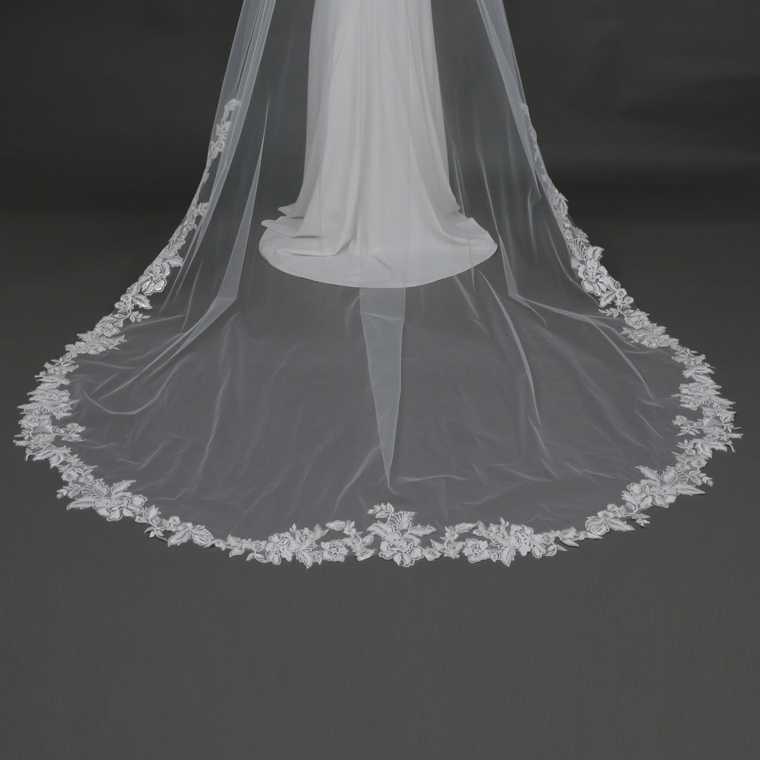Floral Lace Wedding Veil with Rhinestones and Sequins, Fine Illusion Tulle, Cathedral Length