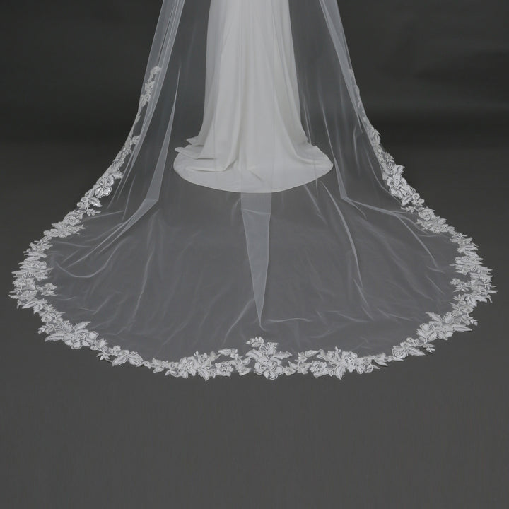 Floral Lace Wedding Veil with Rhinestones and Sequins, Fine Illusion Tulle, Cathedral Length