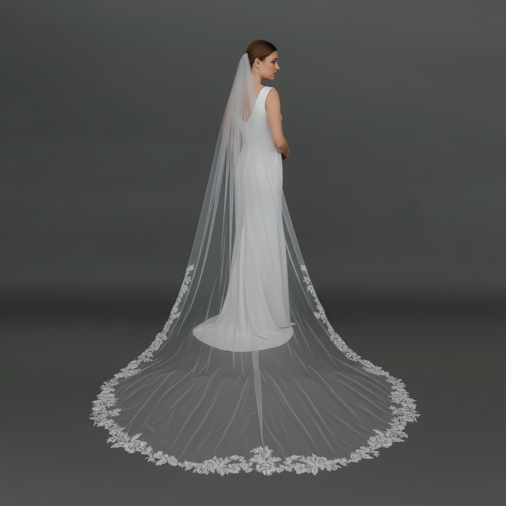 Floral Lace Wedding Veil with Rhinestones and Sequins, Fine Illusion Tulle, Cathedral Length