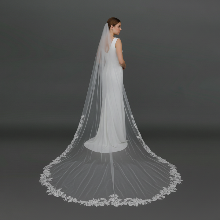 Floral Lace Wedding Veil with Rhinestones and Sequins, Fine Illusion Tulle, Cathedral Length