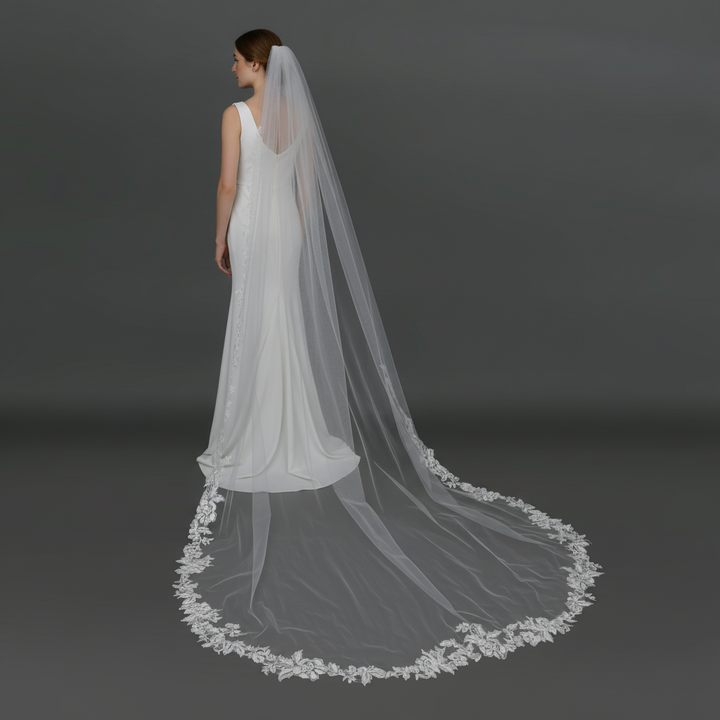 Floral Lace Wedding Veil with Rhinestones and Sequins, Fine Illusion Tulle, Cathedral Length