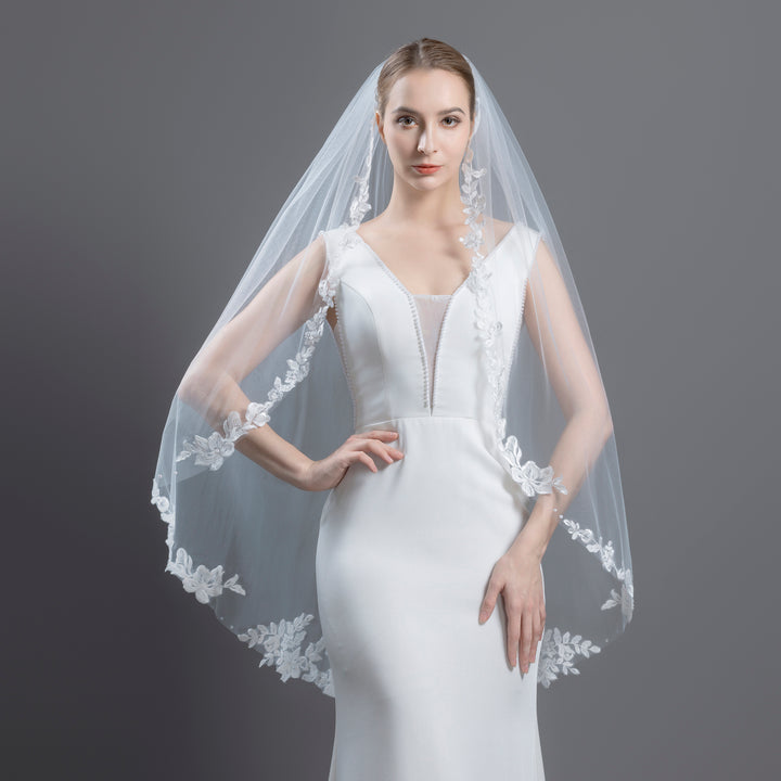 Floral Lace Bridal Veil with Pearls, Fine Illusion Tulle, Fingertip, Knee Length FS6224P