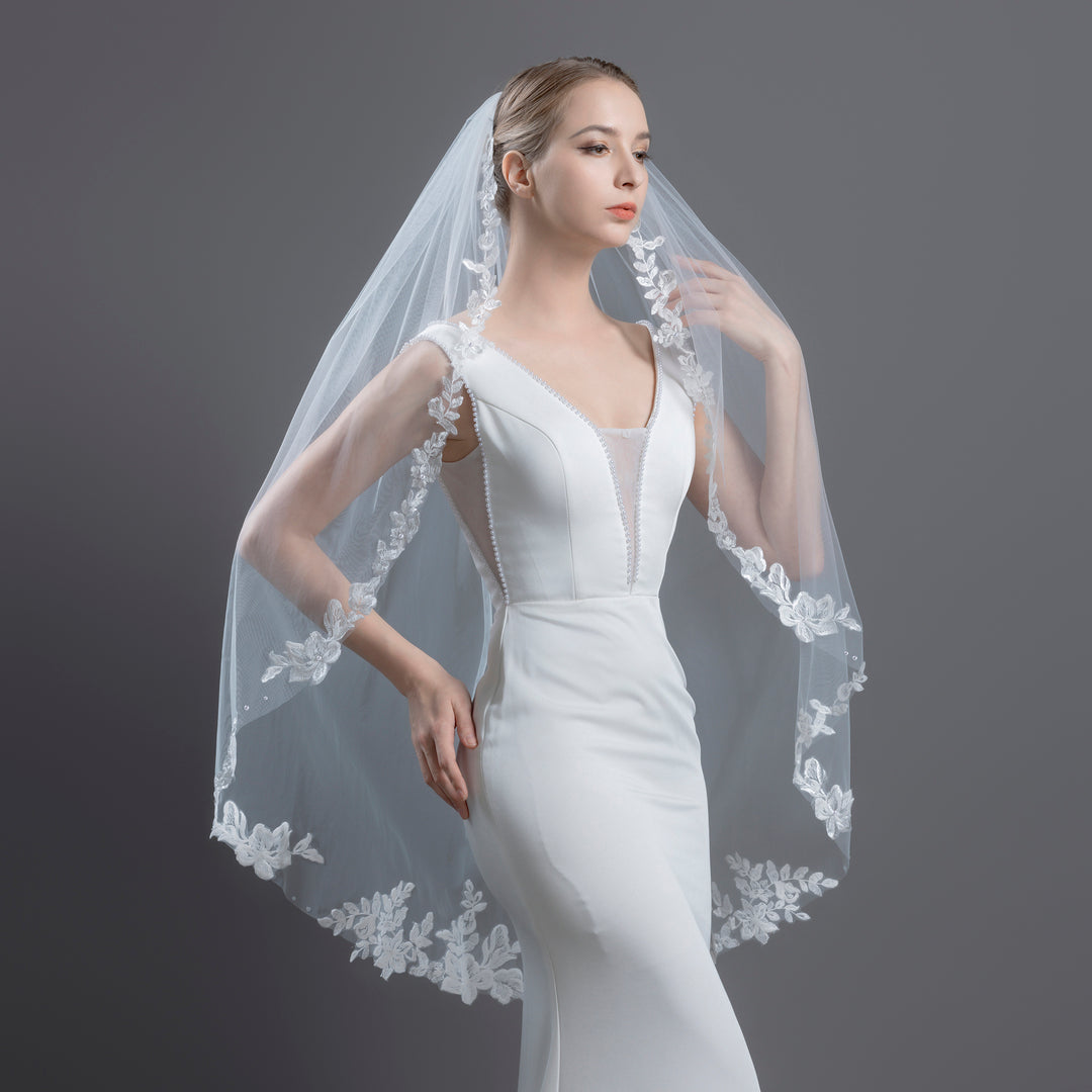 Floral Lace Bridal Veil with Pearls, Fine Illusion Tulle, Fingertip, Knee Length FS6224P