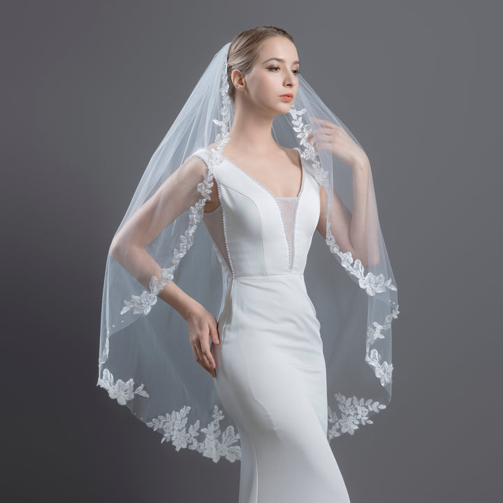 Floral Lace Bridal Veil with Pearls, Fine Illusion Tulle, Fingertip, Knee Length FS6224P