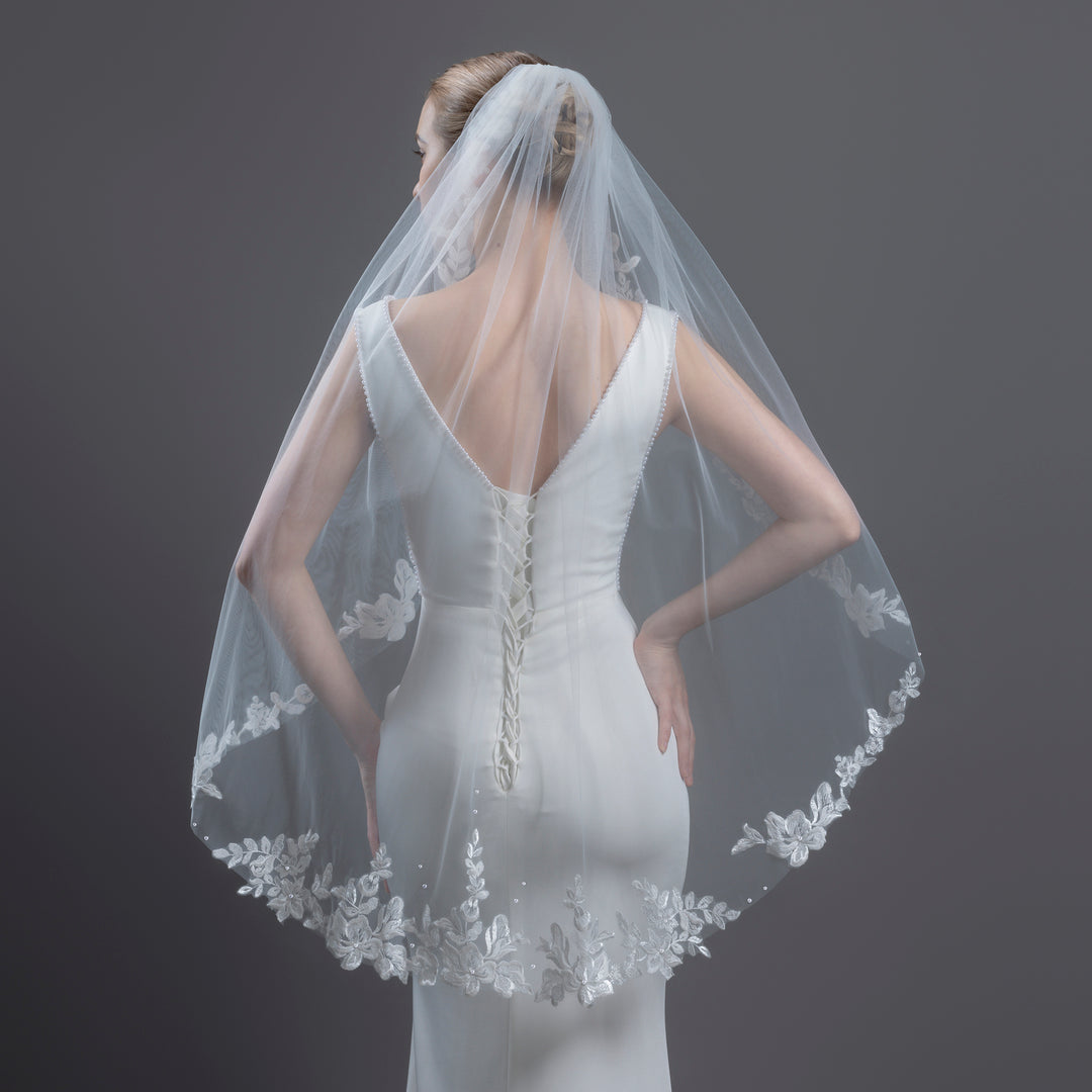 Floral Lace Bridal Veil with Pearls, Fine Illusion Tulle, Fingertip, Knee Length FS6224P