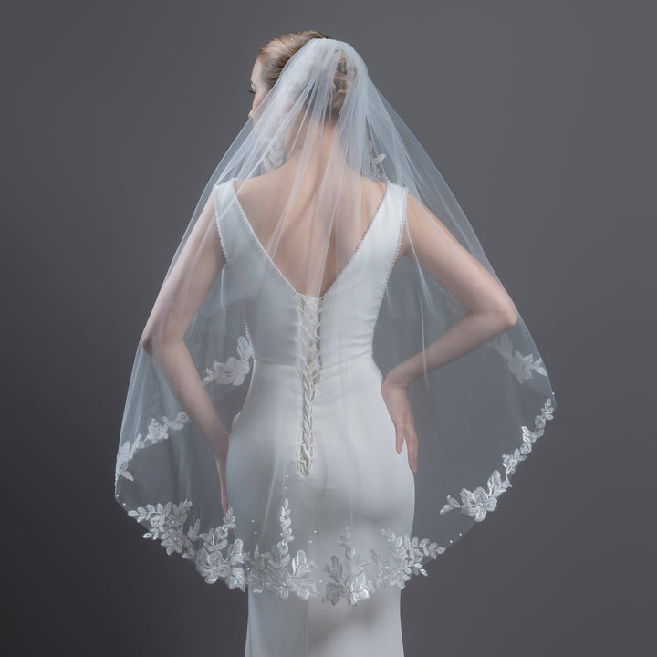 Floral Lace Bridal Veil with Pearls, Fine Illusion Tulle, Fingertip, Knee Length FS6224P
