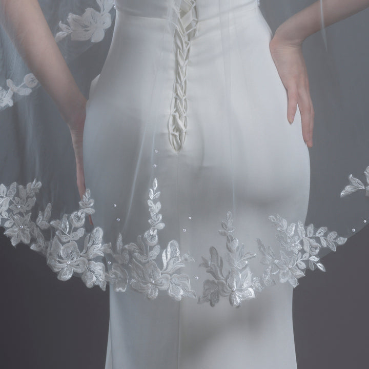Floral Lace Bridal Veil with Pearls, Fine Illusion Tulle, Fingertip, Knee Length FS6224P