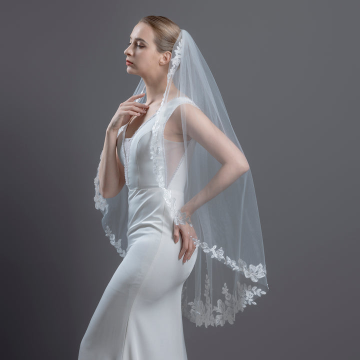 Floral Lace Bridal Veil with Pearls, Fine Illusion Tulle, Fingertip, Knee Length FS6224P