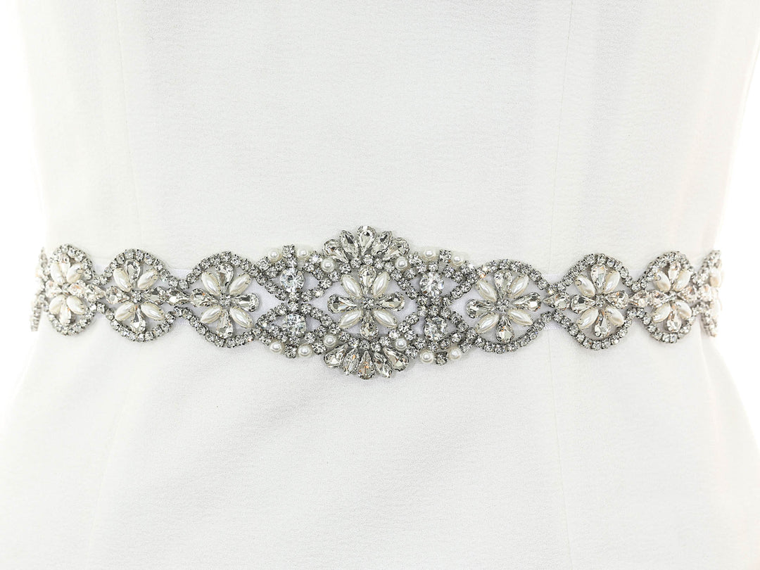 S1001 cathedral-length bridal veil with intricate floral embroidery, full-length view.