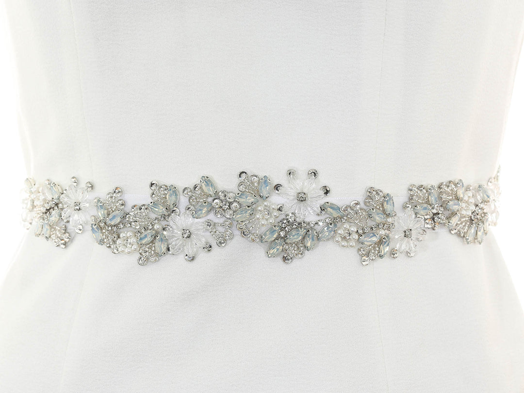 S1003 short bridal sash with lace embroidery, full view.