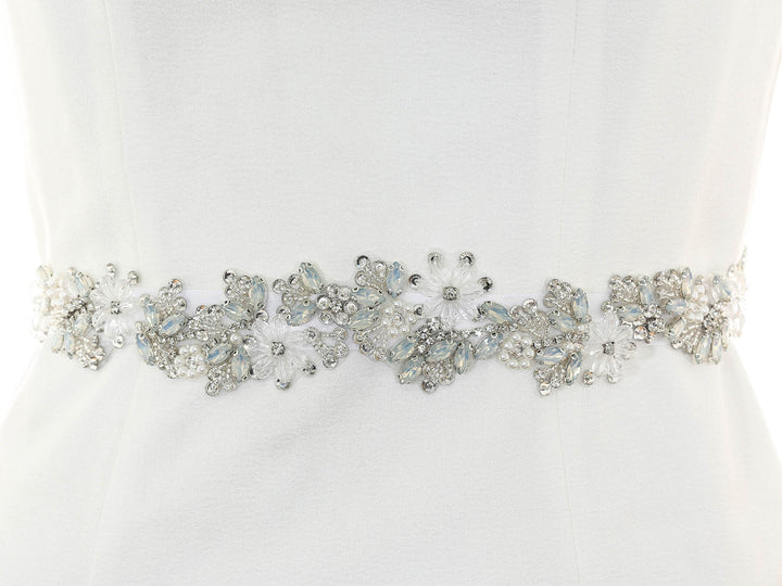 S1003 short bridal sash with lace embroidery, full view.