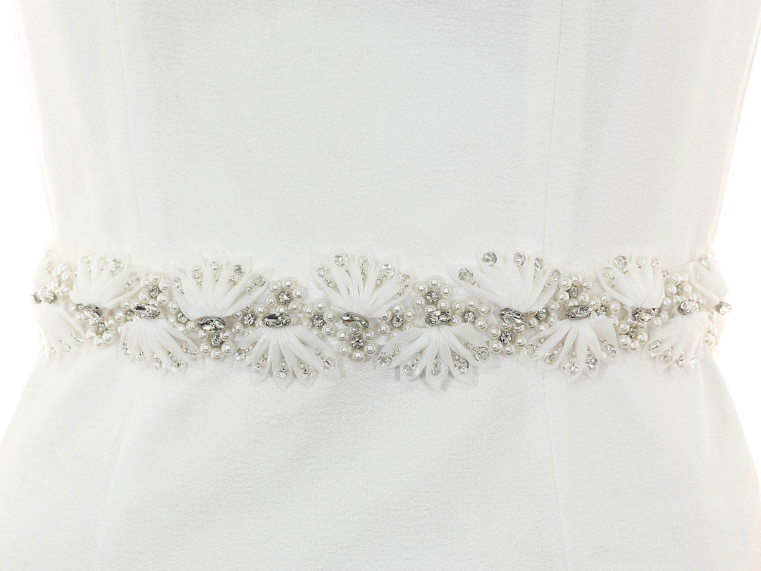 S1006 bridal sash with floral embroidery and bead accents, full view.