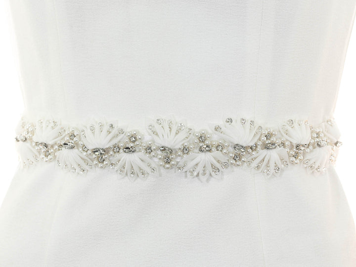 S1006 bridal sash with floral embroidery and bead accents, full view.