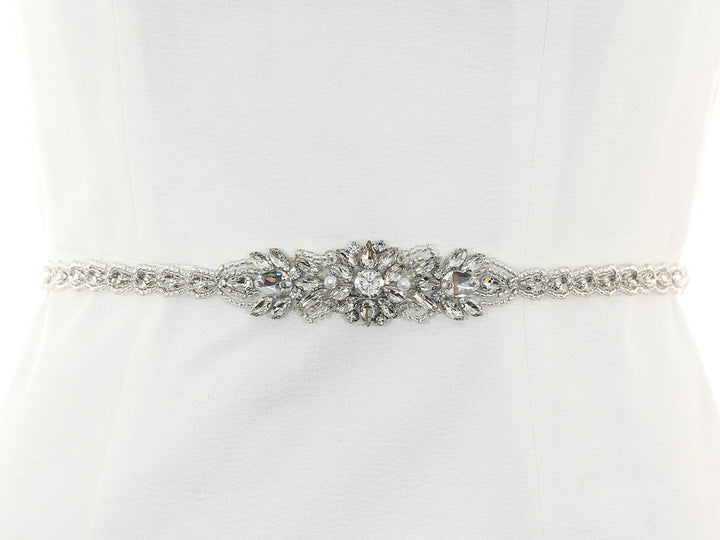 S1007 short bridal sash with floral embroidery, full view.