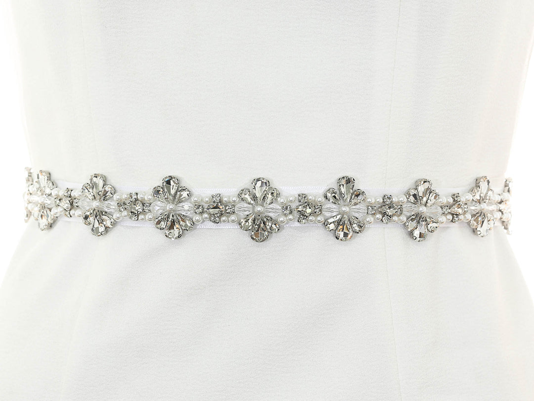 S1008 short bridal sash with lace embroidery, full view.