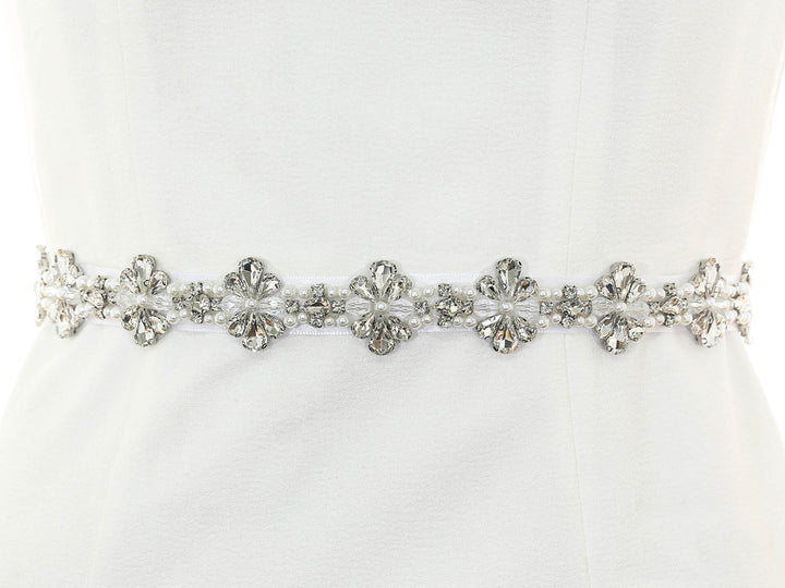 S1008 short bridal sash with lace embroidery, full view.