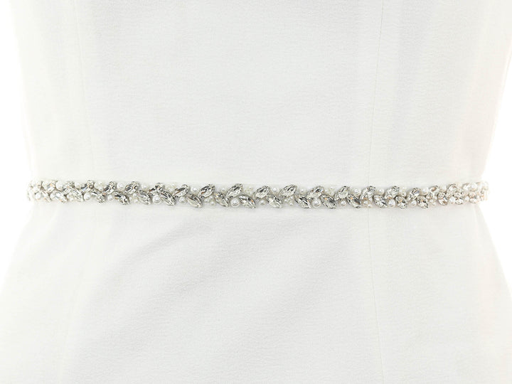 S1010 bridal sash with floral embroidery and bead accents, full view.