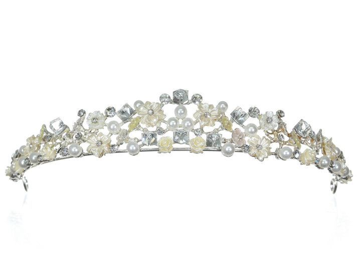 Floral Crystal Pearl Rhinestone Silver Bridal Wedding Tiara CR214